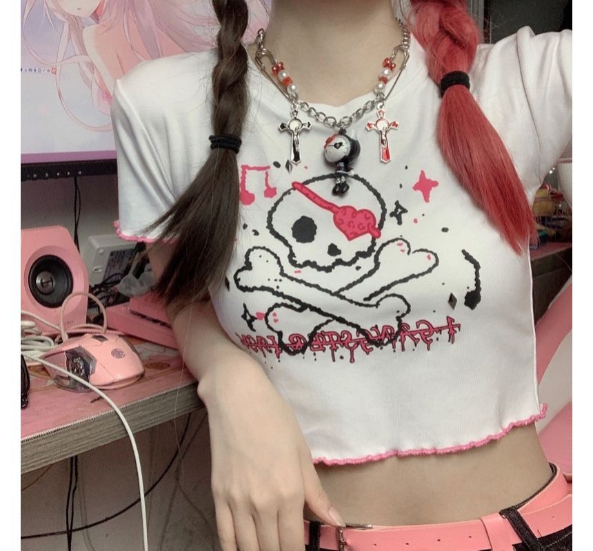 Trim Crop Tee Crew Short-Sleeve Neck Contrast Skull Print