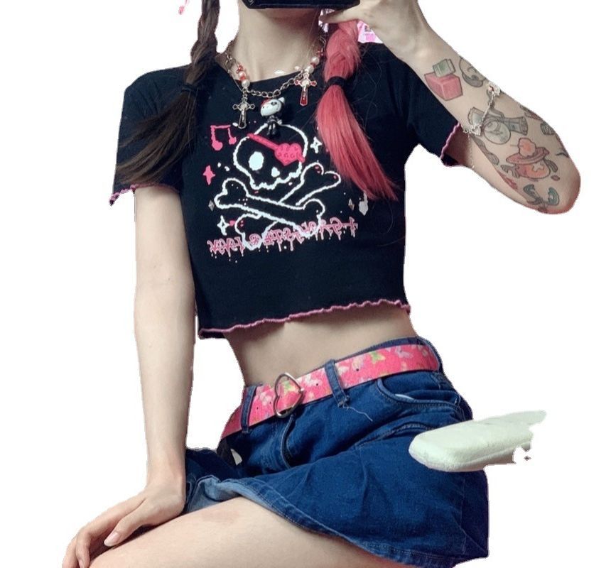 Trim Crop Tee Crew Short-Sleeve Neck Contrast Skull Print
