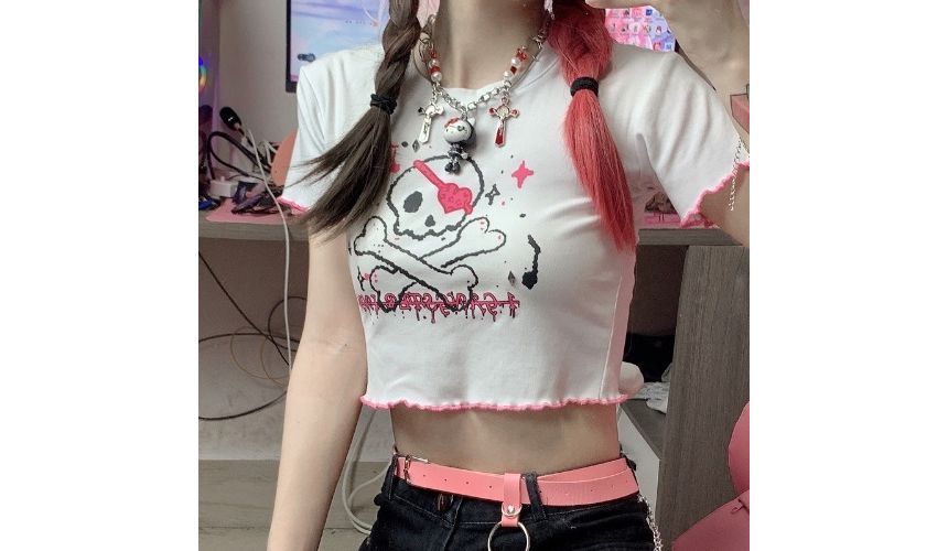 Trim Crop Tee Crew Short-Sleeve Neck Contrast Skull Print