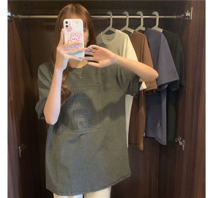 Elbow-Sleeve Embossed Neck Lettering Tee Plain Oversized Crew