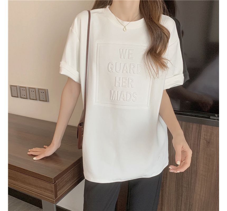 Elbow-Sleeve Embossed Neck Lettering Tee Plain Oversized Crew