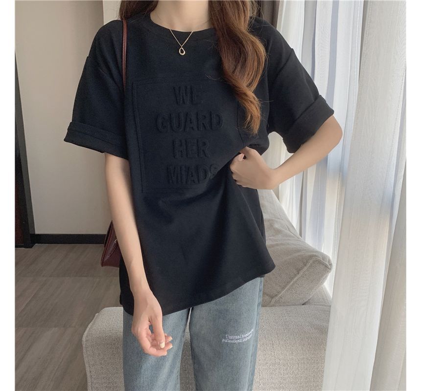 Elbow-Sleeve Embossed Neck Lettering Tee Plain Oversized Crew