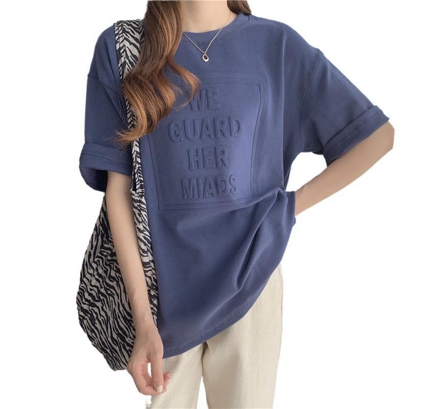 Elbow-Sleeve Embossed Neck Lettering Tee Plain Oversized Crew
