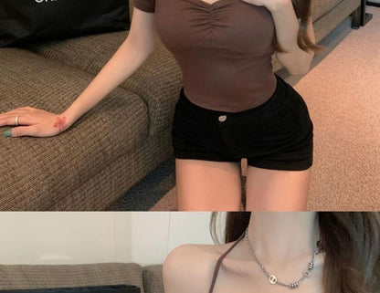 Plain Slim-Fit Short-Sleeve Top Halter