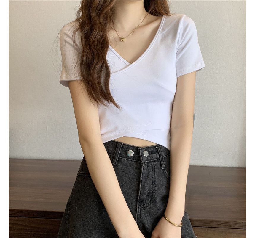 Short-Sleeve T-Shirt Plain V-Neck Wrap Crop
