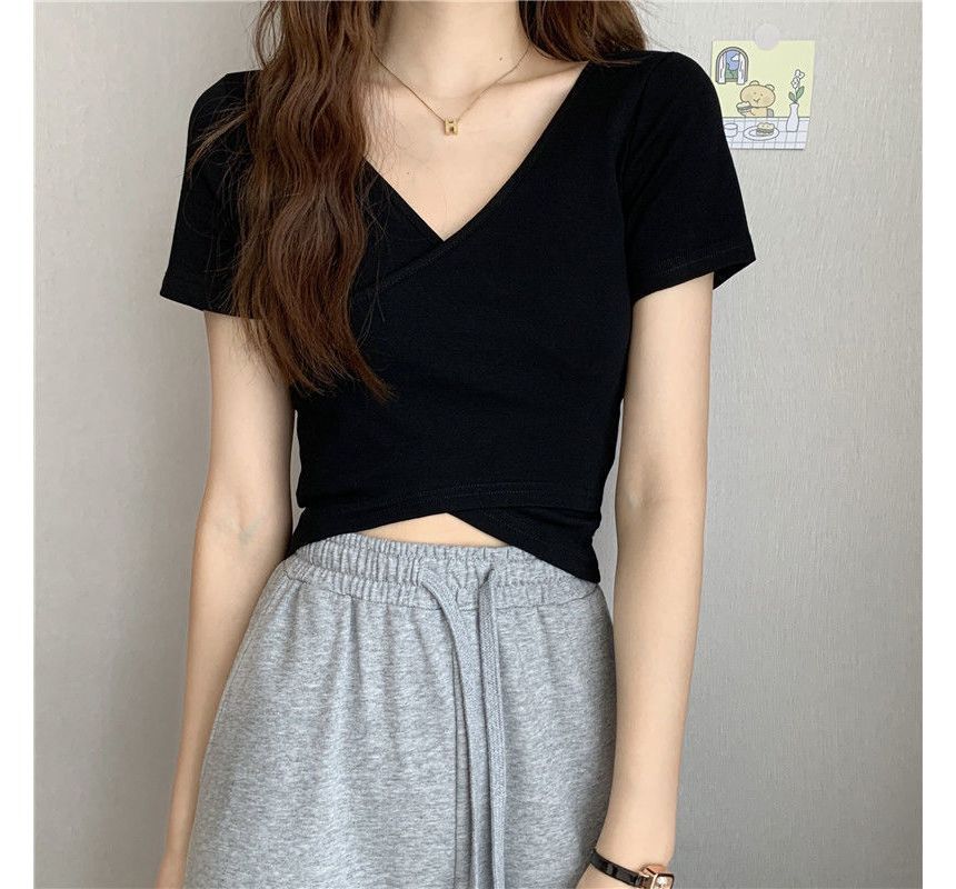 Short-Sleeve T-Shirt Plain V-Neck Wrap Crop