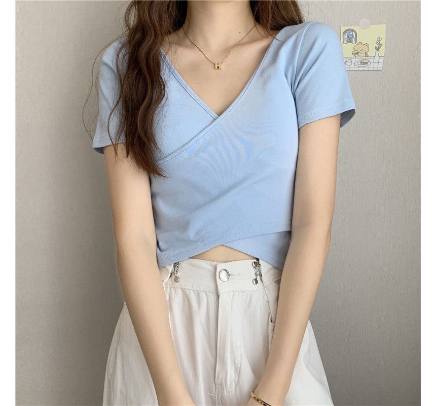 Short-Sleeve T-Shirt Plain V-Neck Wrap Crop