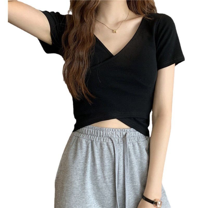 Short-Sleeve T-Shirt Plain V-Neck Wrap Crop