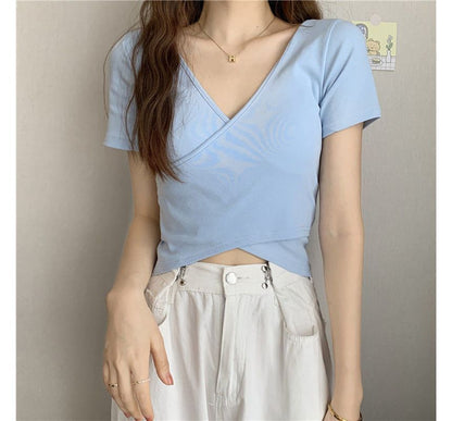 Short-Sleeve T-Shirt Plain V-Neck Wrap Crop