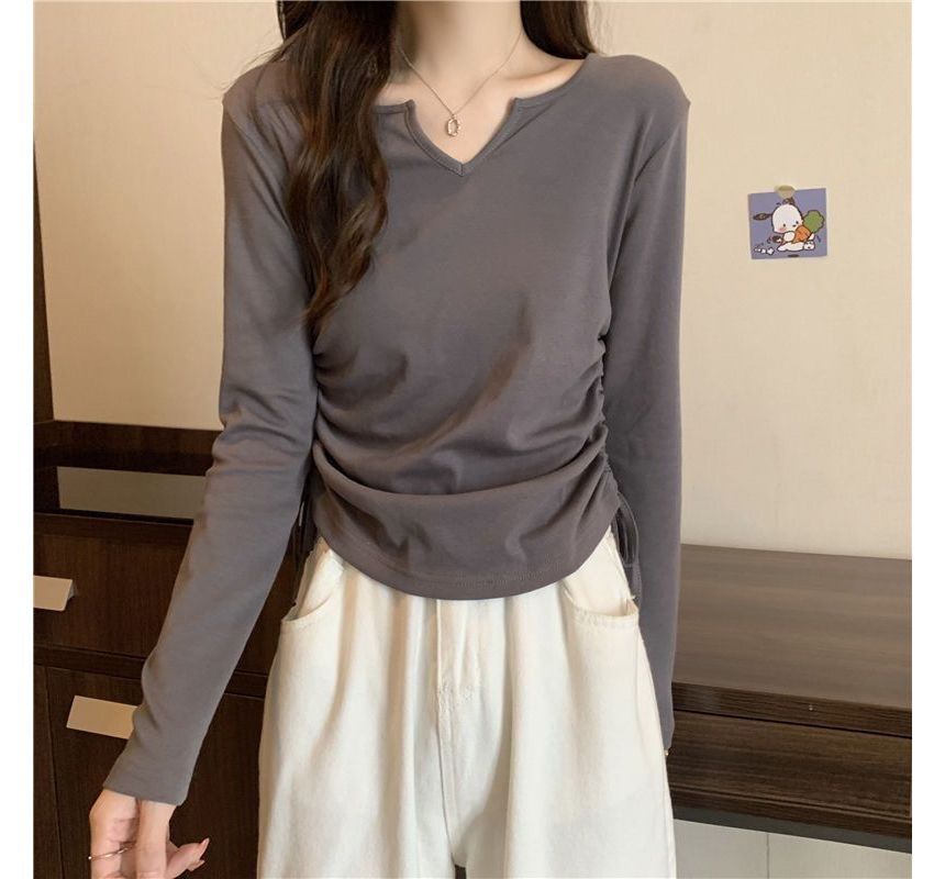 Drawstring Long-Sleeve Plain V-Neck T-Shirt