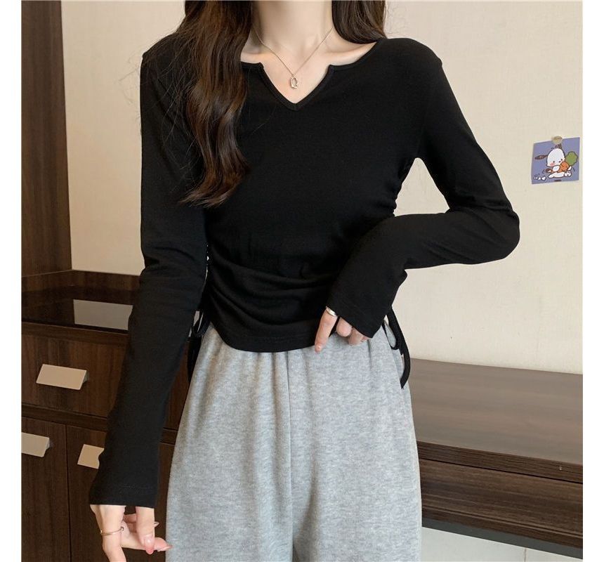Drawstring Long-Sleeve Plain V-Neck T-Shirt