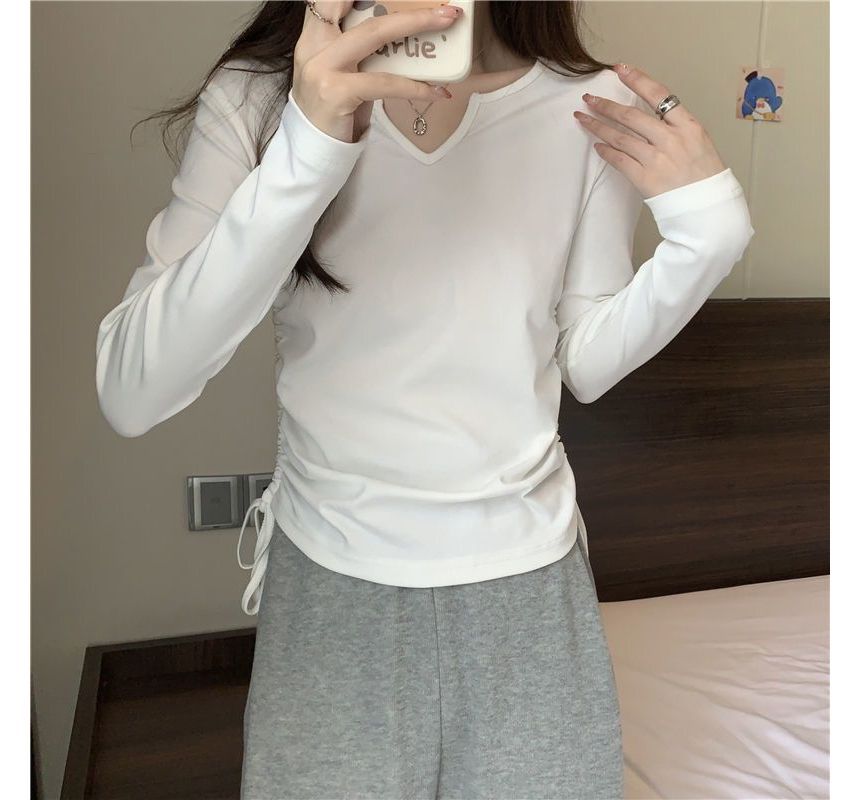 Drawstring Long-Sleeve Plain V-Neck T-Shirt