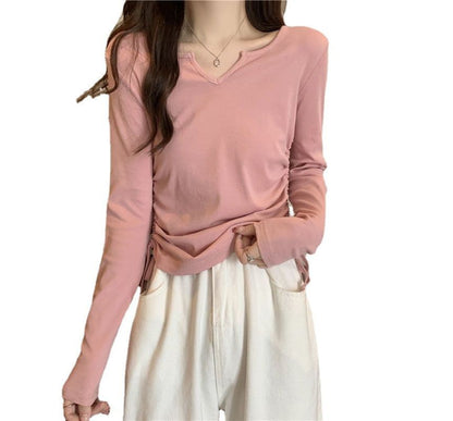 Drawstring Long-Sleeve Plain V-Neck T-Shirt