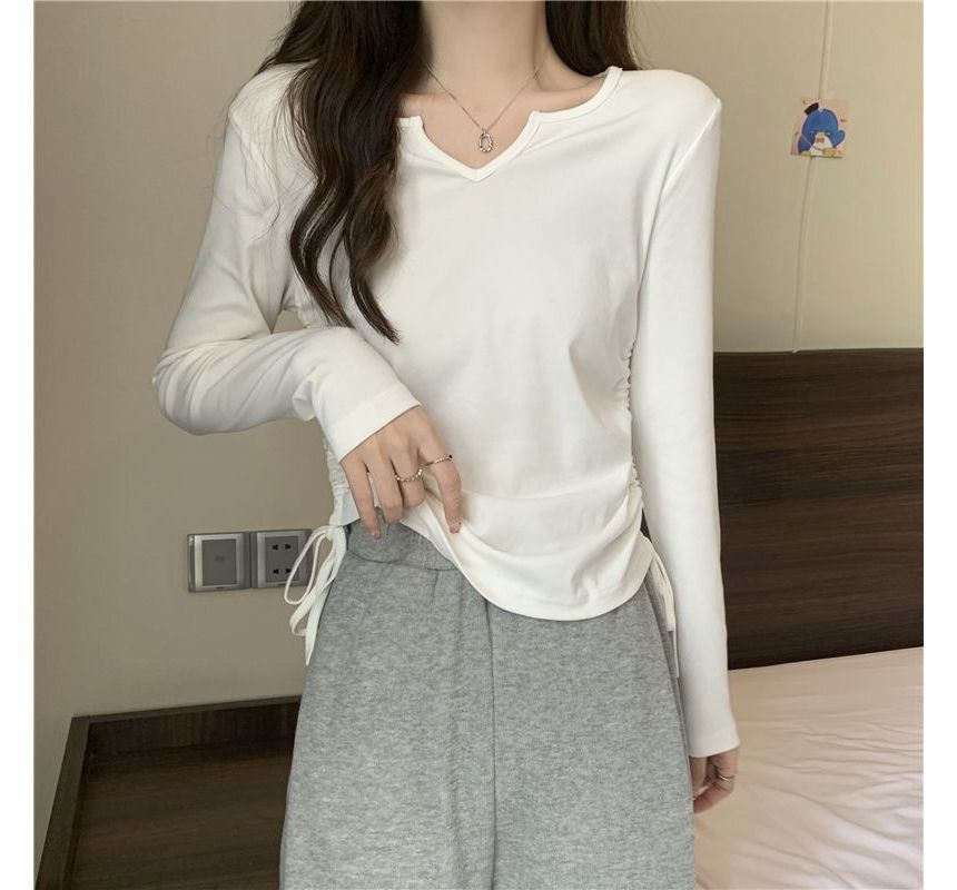 Drawstring Long-Sleeve Plain V-Neck T-Shirt