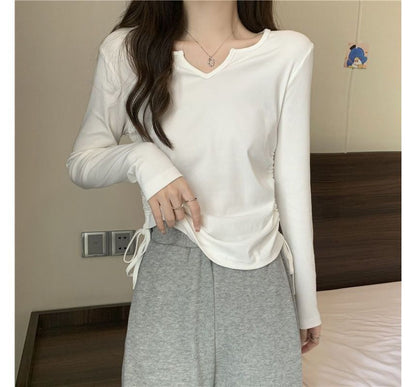 Drawstring Long-Sleeve Plain V-Neck T-Shirt