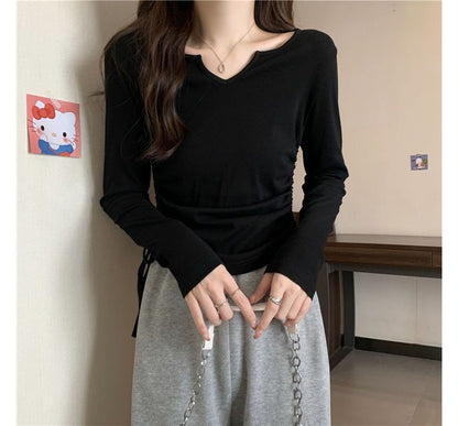 Drawstring Long-Sleeve Plain V-Neck T-Shirt
