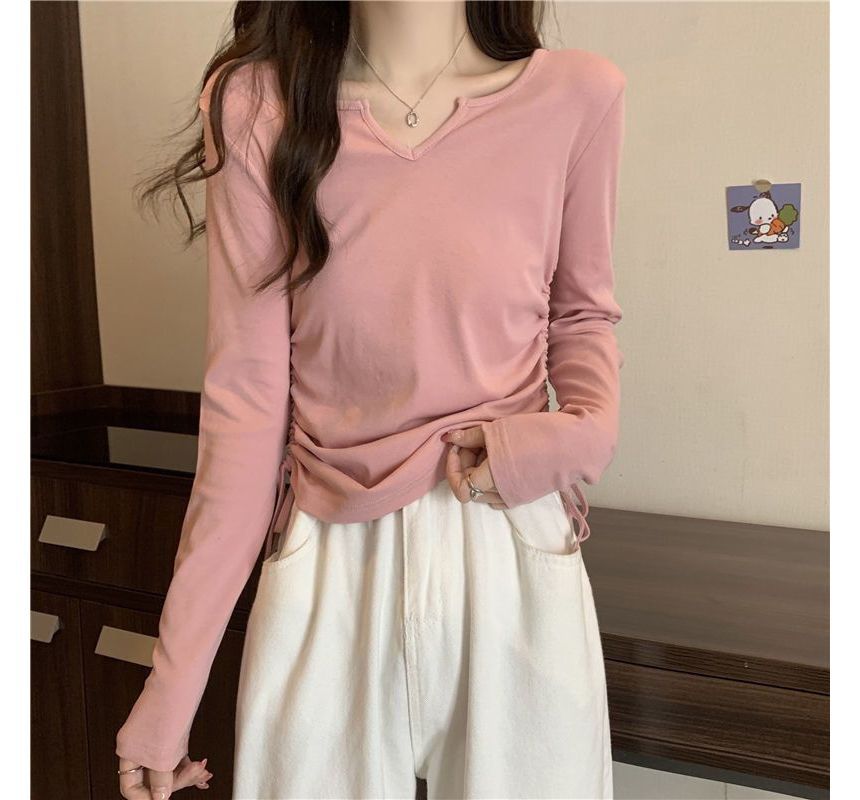 Drawstring Long-Sleeve Plain V-Neck T-Shirt