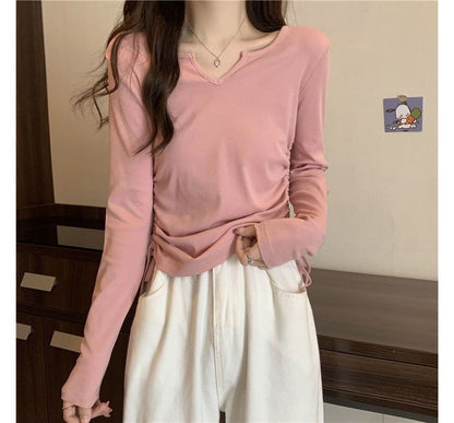 Drawstring Long-Sleeve Plain V-Neck T-Shirt