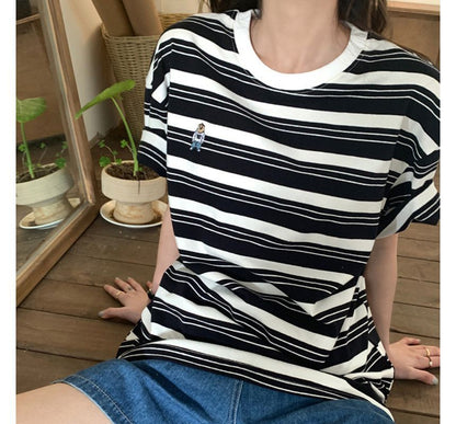 T-Shirt Neck Striped Crew Short-Sleeve