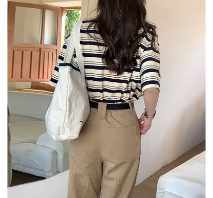 T-Shirt Neck Striped Crew Short-Sleeve