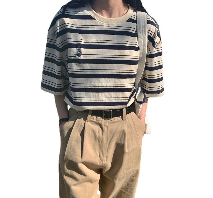 T-Shirt Neck Striped Crew Short-Sleeve