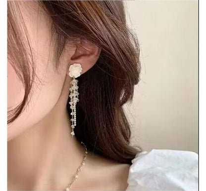 Floral Fringed Earring Alloy Crystal Faux