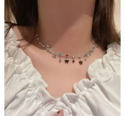 Rhinestone Choker Alloy Butterfly