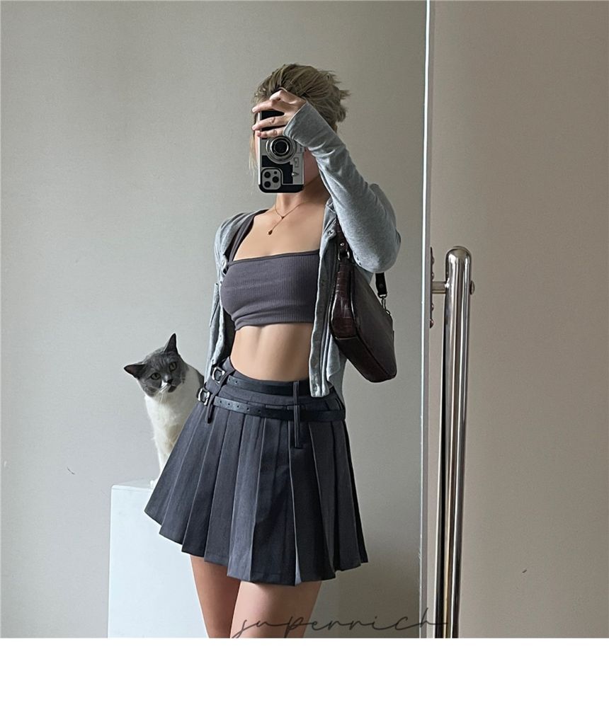 Pleated Mini High Plain Rise Skirt