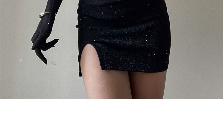 Long Bodycon Spaghetti Neckline Set: Rhinestone Mini + Sweetheart Strap Gloves Dress