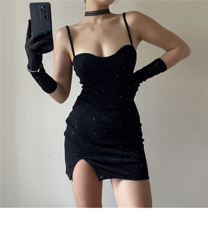 Long Bodycon Spaghetti Neckline Set: Rhinestone Mini + Sweetheart Strap Gloves Dress