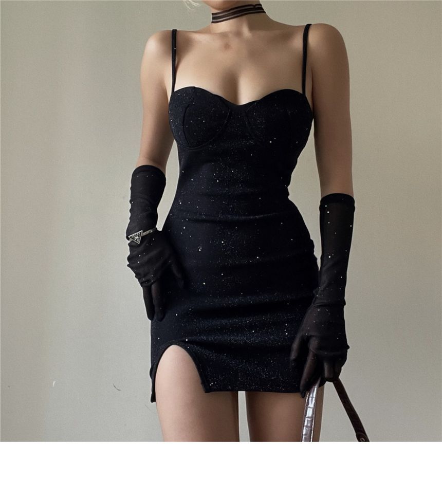 Long Bodycon Spaghetti Neckline Set: Rhinestone Mini + Sweetheart Strap Gloves Dress