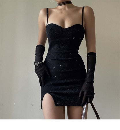 Long Bodycon Spaghetti Neckline Set: Rhinestone Mini + Sweetheart Strap Gloves Dress