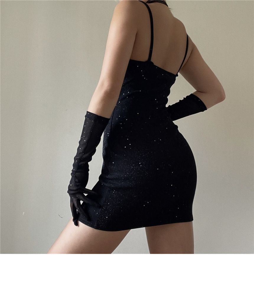 Long Bodycon Spaghetti Neckline Set: Rhinestone Mini + Sweetheart Strap Gloves Dress
