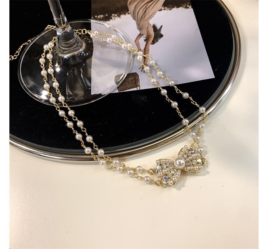 Bow Alloy Pearl Faux Layered Choker