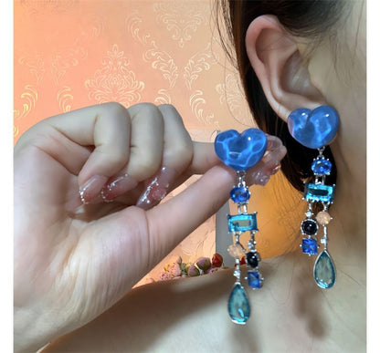 Earring Alloy Heart Rhinestone Fringed