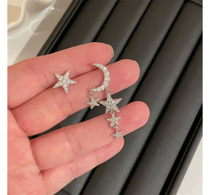 Asymmetrical Alloy Moon Star Fringed Earring