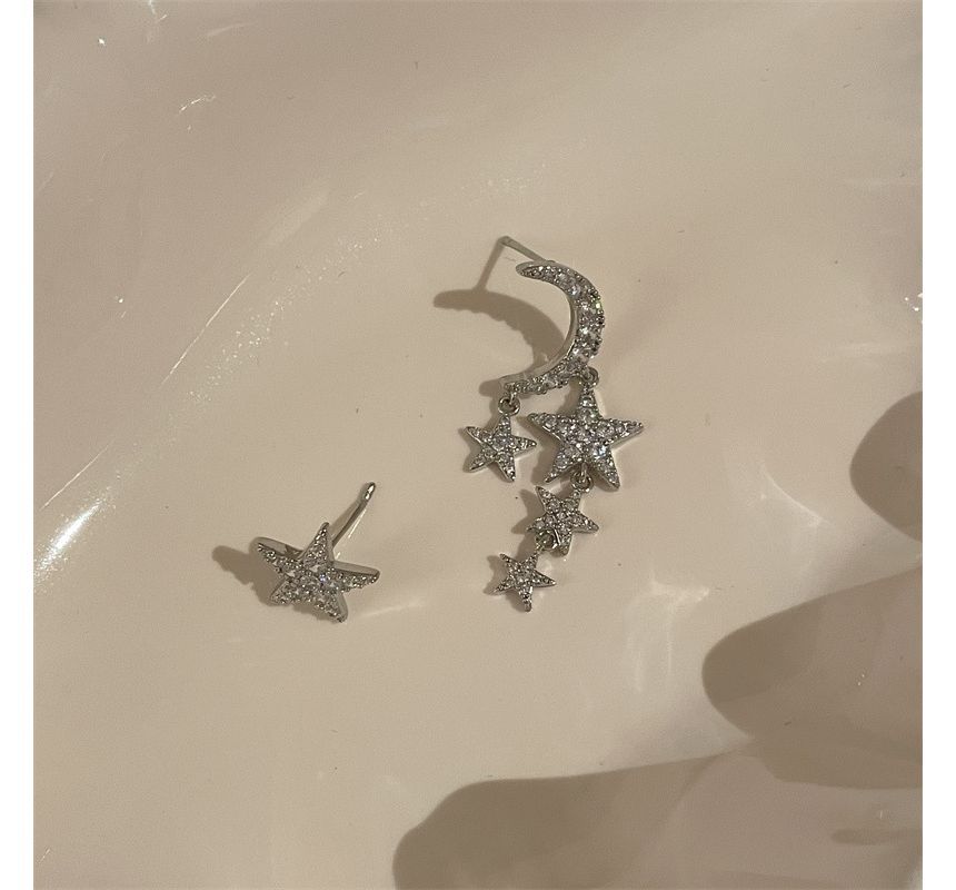 Asymmetrical Alloy Moon Star Fringed Earring