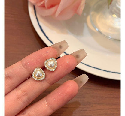 / Earring Stud Heart Pearl Rhinestone Faux Clip-On