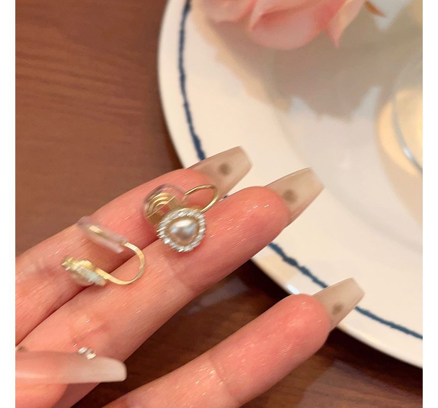 / Earring Stud Heart Pearl Rhinestone Faux Clip-On