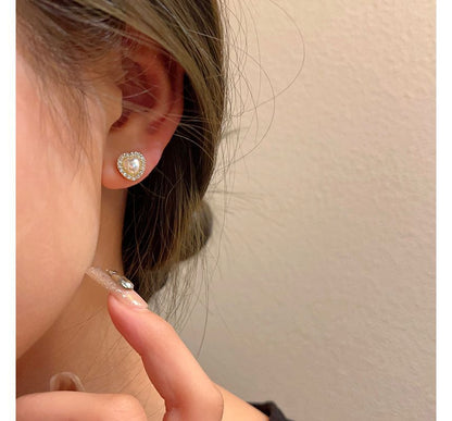 / Earring Stud Heart Pearl Rhinestone Faux Clip-On