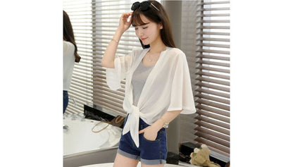 Elbow-Sleeve Plain Chiffon Crop Tie Front Jacket