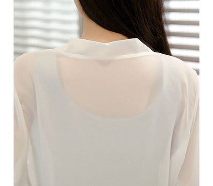 Elbow-Sleeve Plain Chiffon Crop Tie Front Jacket