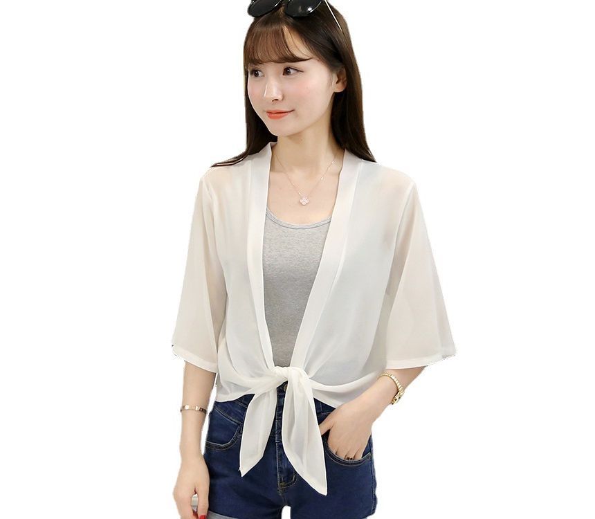 Elbow-Sleeve Plain Chiffon Crop Tie Front Jacket