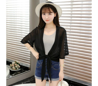 Elbow-Sleeve Plain Chiffon Crop Tie Front Jacket