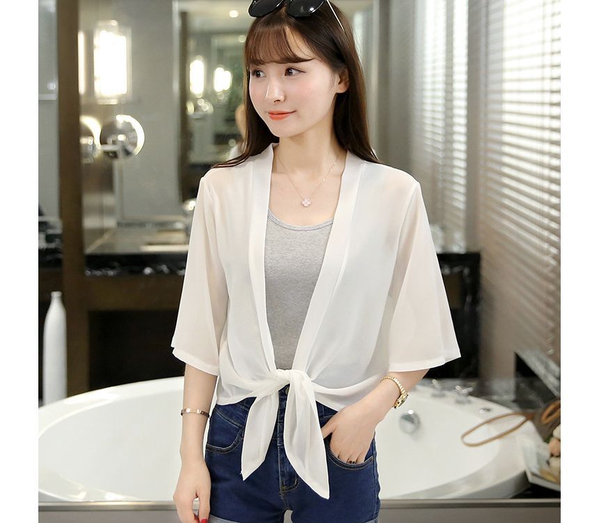 Elbow-Sleeve Plain Chiffon Crop Tie Front Jacket
