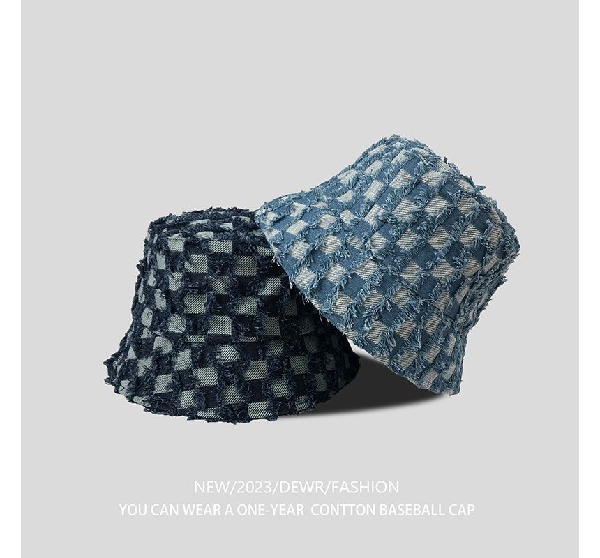 Denim Fringed Bucket Checker Hat