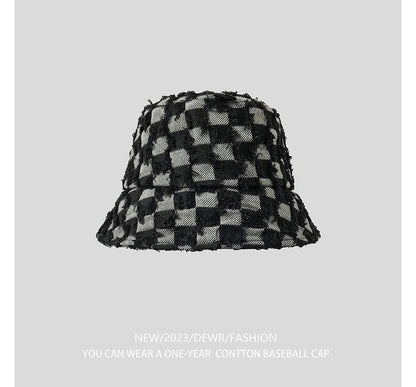 Denim Fringed Bucket Checker Hat