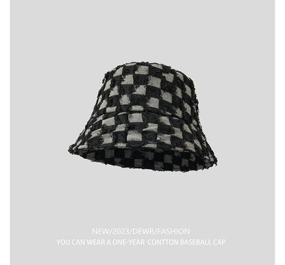 Denim Fringed Bucket Checker Hat