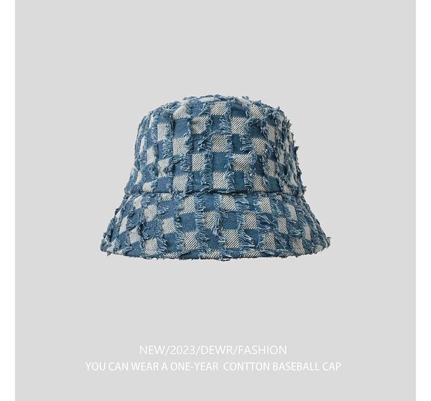 Denim Fringed Bucket Checker Hat