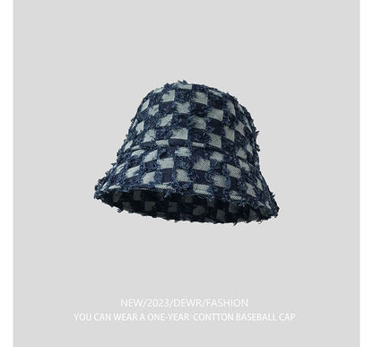Denim Fringed Bucket Checker Hat